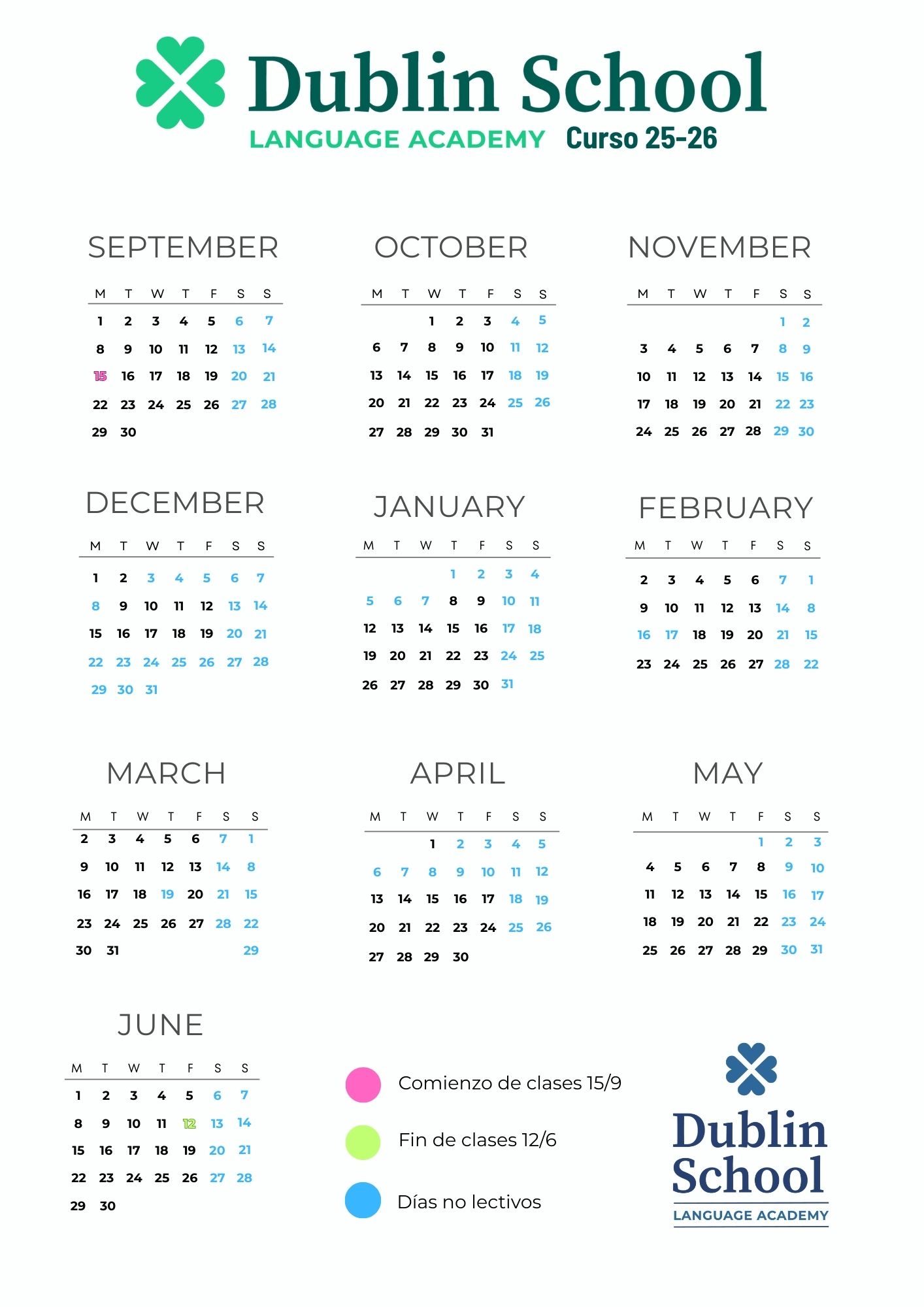 Calendario del curso 2025-2026 de Dublin School